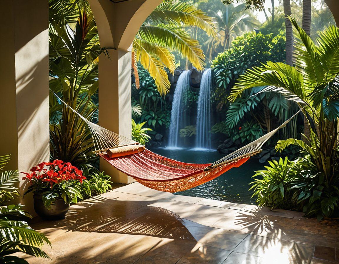 A serene private sanctuary featuring a cozy hammock draped between two palm trees, surrounded by lush tropical greenery and colorful flowers. Soft golden sunlight filters through the leaves, casting gentle shadows on the ground. A tranquil waterfall cascades in the background, creating a soothing atmosphere. A small table with refreshing drinks and a book awaits in the foreground, inviting relaxation. vibrant colors. super-realistic.