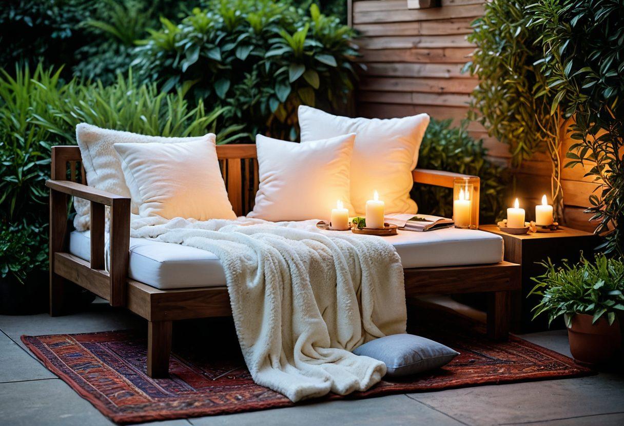 A cozy, serene private retreat scene featuring a beautifully arranged outdoor space with soft cushions, lush greenery, and a gentle water feature. Include a steaming cup of herbal tea and a stack of self-care books nearby, under a warm sunset glow. Add elements of relaxation like candles and a plush blanket draped over a lounge chair. The overall atmosphere should evoke tranquility and bliss. super-realistic. vibrant colors. warm ambiance.