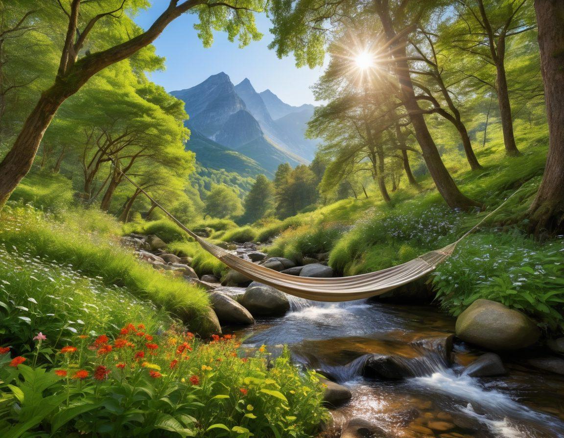A serene landscape featuring a hidden gem of tranquility, such as a peaceful forest glade with soft, dappled sunlight filtering through the leaves. Include a gentle stream flowing through moss-covered rocks and a cozy hammock strung between two trees. In the background, a majestic mountain range looms in soft focus, symbolizing contentment. Add vibrant wildflowers blooming in the foreground to evoke a sense of vitality and peace. super-realistic. vibrant colors. soothing atmosphere.